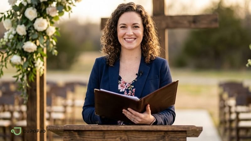 A confident wedding officiant is ready to start the ceremony.