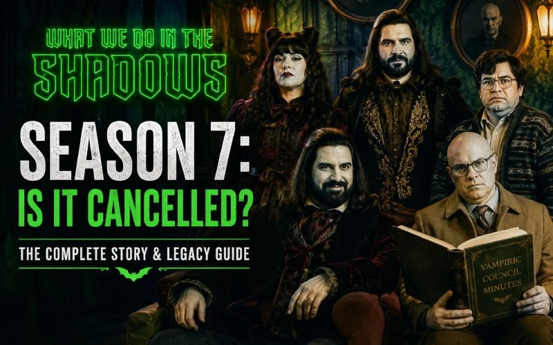 What We Do in the Shadows cast featured in a dark gothic room with text asking if Season 7 is cancelled.