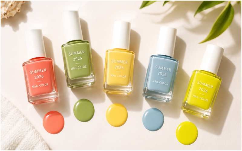 Five colorful nail polish shades for Summer 2026.