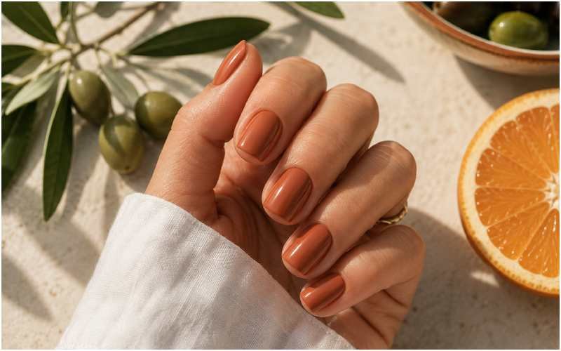 Short square terracotta manicure styled with olives and citrus.