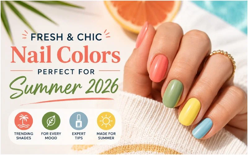 Colorful summer 2026 nail shades in a fresh manicure.