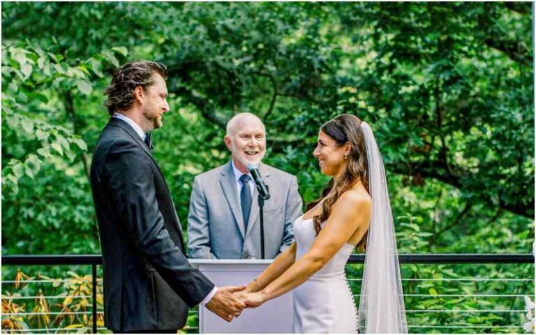 Wedding officiant leading a ceremony for a couple