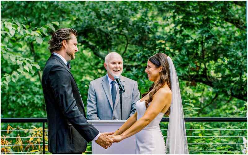 Wedding officiant leading a ceremony for a couple
