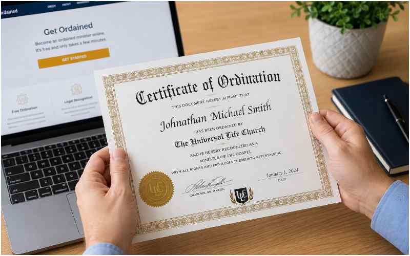 Hands holding an ordination certificate beside a laptop