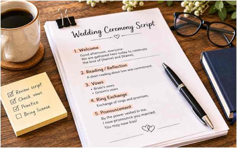 Wedding ceremony script with pen on a desk