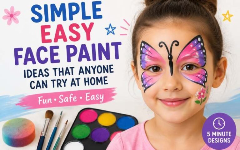 Girl wearing a colorful butterfly face paint design.