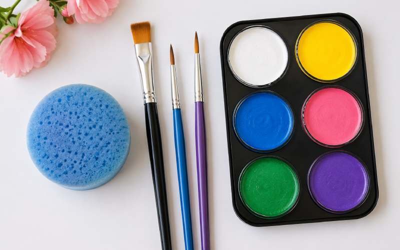 Face painting supplies with brushes, sponge, and colorful paints.