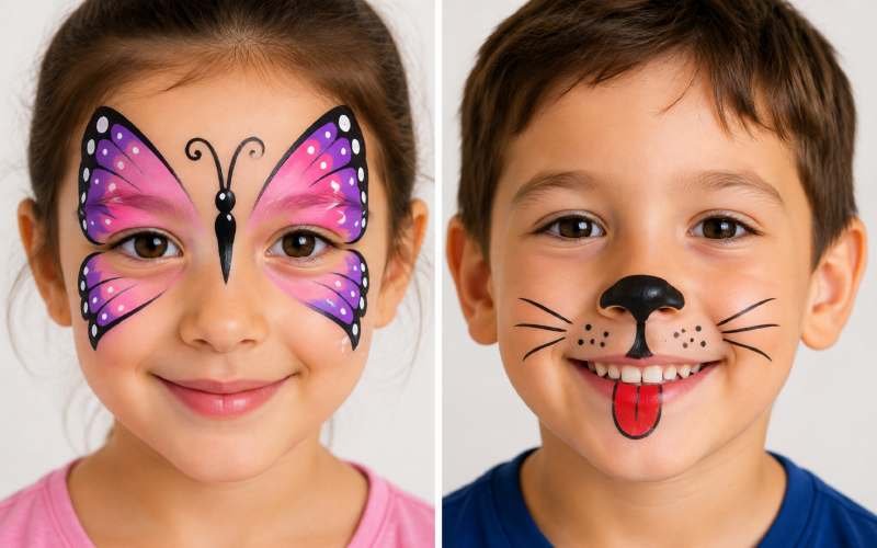 Butterfly and puppy face paint designs on children.