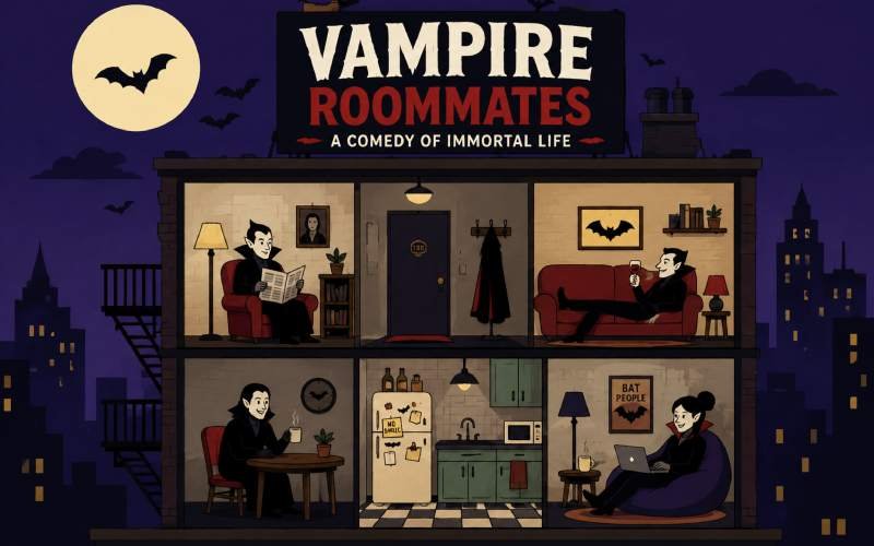 Stylized vampire roommates in a spooky apartment