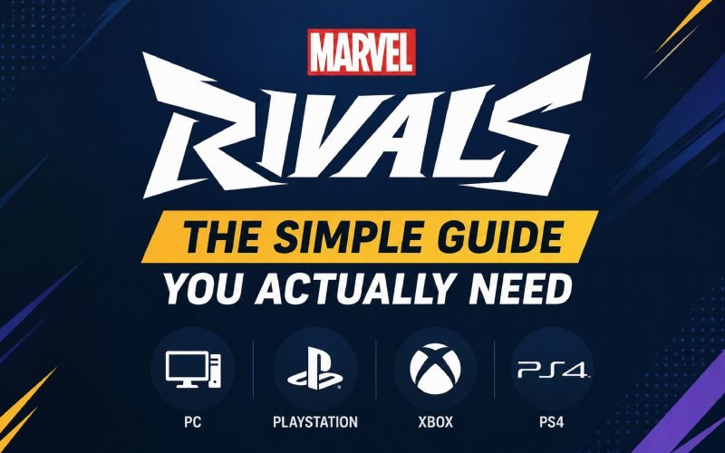 Marvel Rivals game guide thumbnail with crossplay platform icons and bold gaming-themed design.