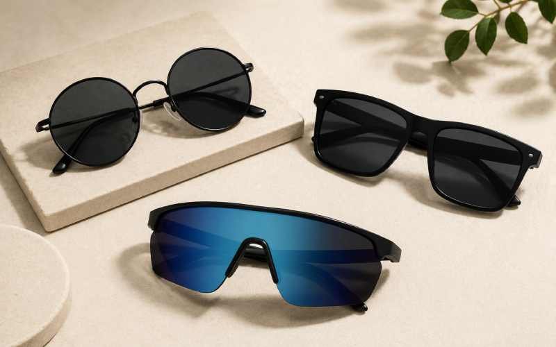 Three sunglasses in round, rectangular, and shield styles displayed on a neutral background.