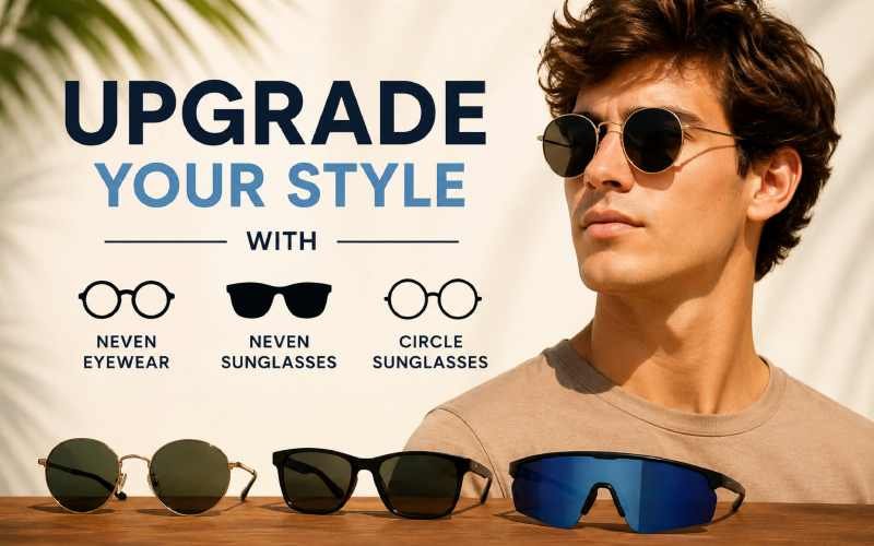 Person wearing round sunglasses with different sunglass styles displayed below, representing Neven Eyewear collections.
