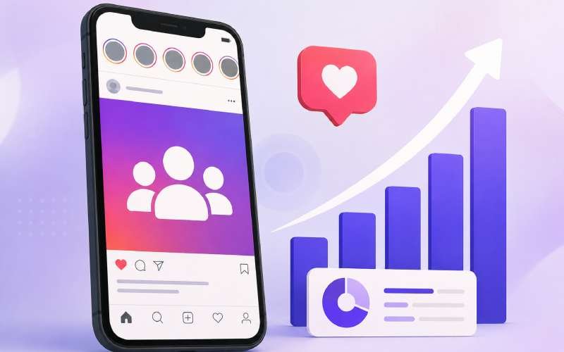Social media growth analytics with a smartphone and rising engagement chart.