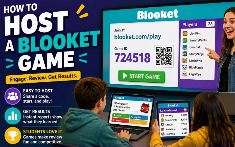 Teacher hosting a live Blooket game while students join and play in a classroom.