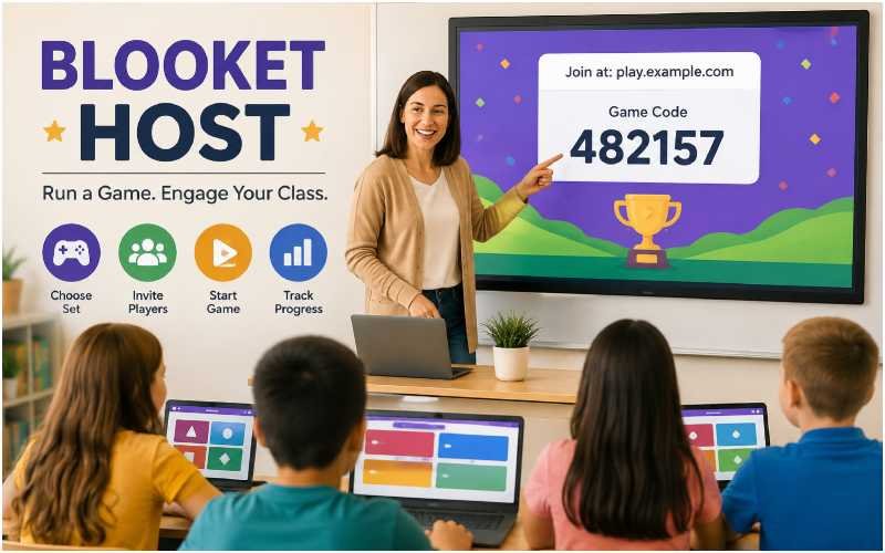 Teacher hosting an interactive classroom game on a large screen.