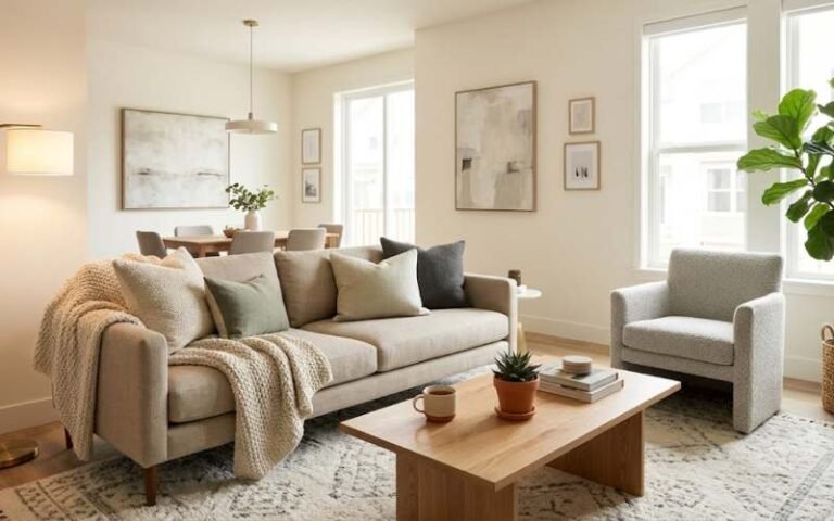 Modern cozy living room with soft light.