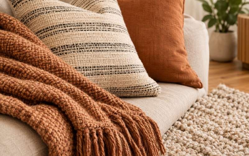 Layered warm-neutral pillows, a woven throw, and textured rug creating a cozy interior.