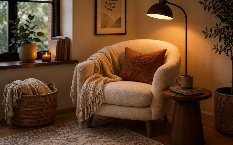 Cozy reading corner with a soft armchair, warm lamp, book, and side table.