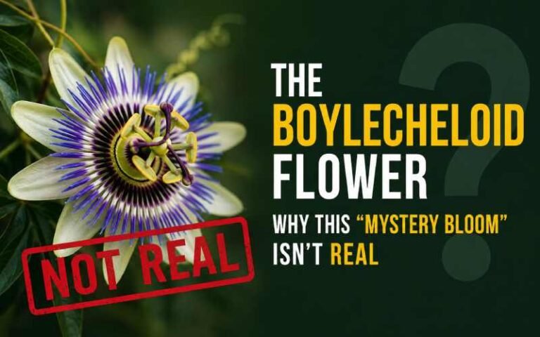 Fictional Boylecheloid flower with a “Not Real” stamp.