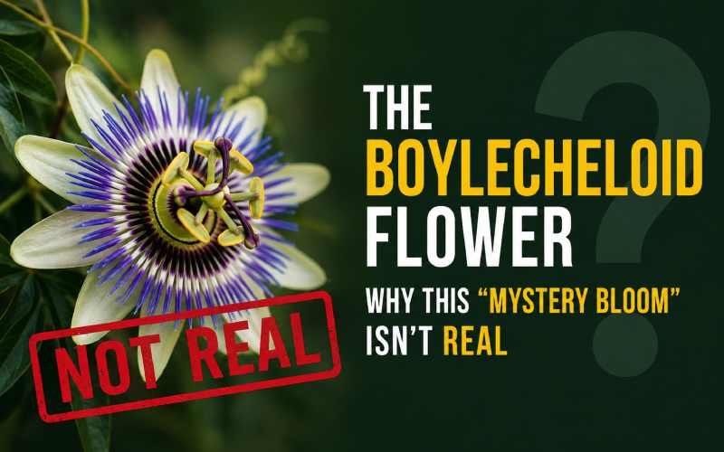 Fictional Boylecheloid flower with a “Not Real” stamp.