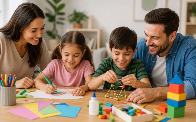Family enjoying creative indoor activities with crafts and building projects.