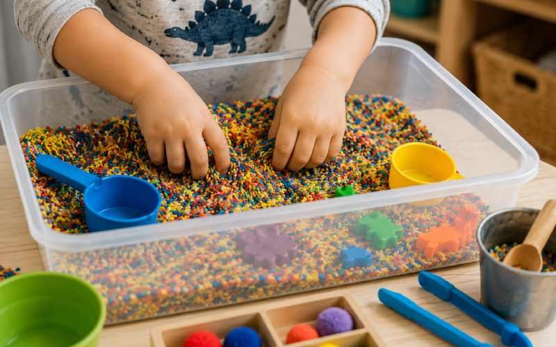Child exploring a colorful sensory bin with scoops and toys.