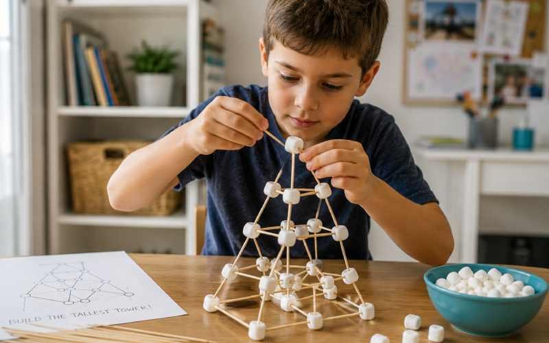 Child building a tower with marshmallows and toothpicks.