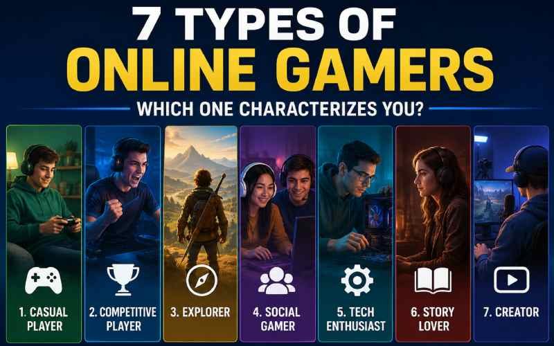Seven types of online gamers shown in a colorful gaming infographic, from casual players to content creators.