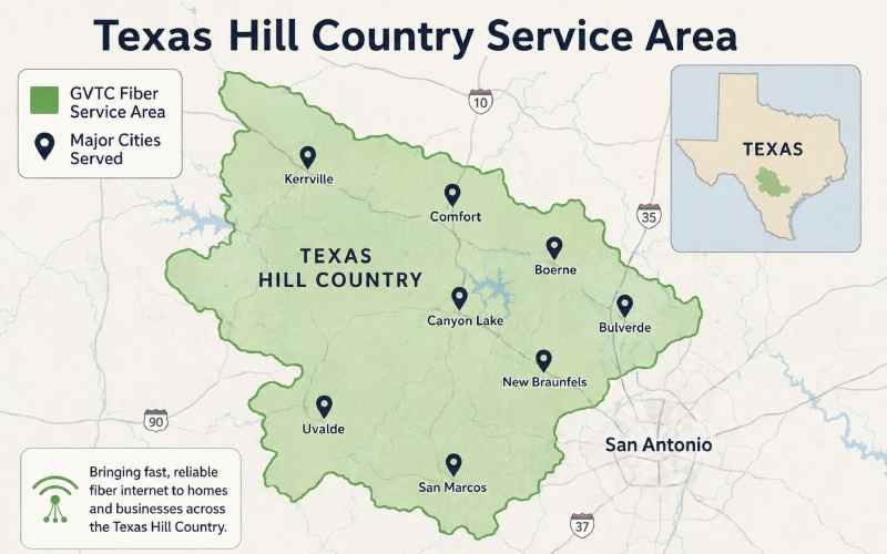 Map graphic showing GVTC’s fiber internet service area across the Texas Hill Country.