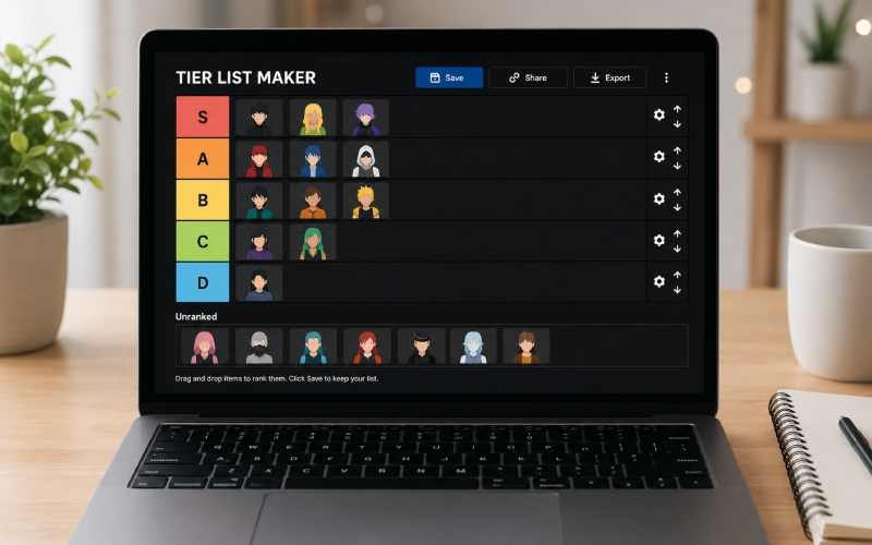 Tier list maker showing S-to-D rankings on a laptop.