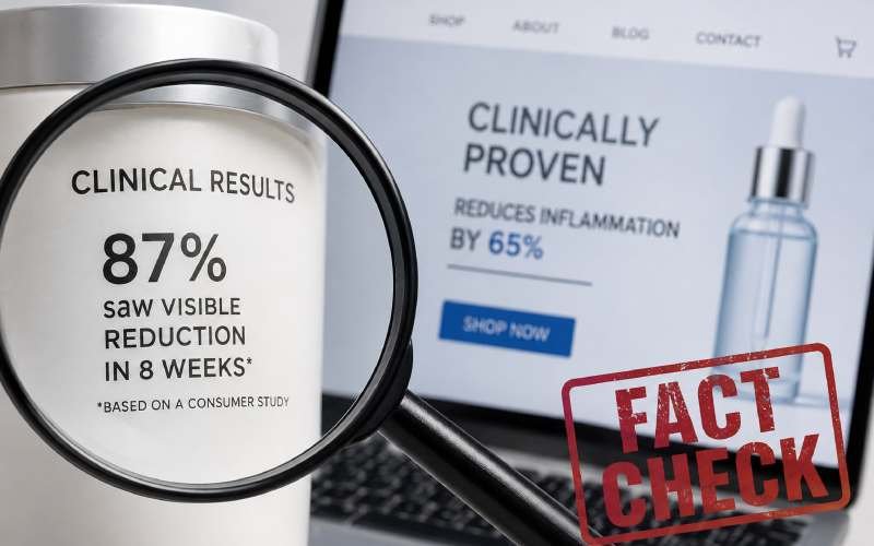 Magnifying glass checking skincare clinical claims on a product label.