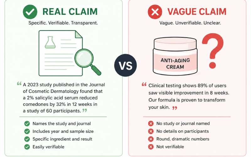Side-by-side comparison of real and vague clinical claims in skincare marketing.