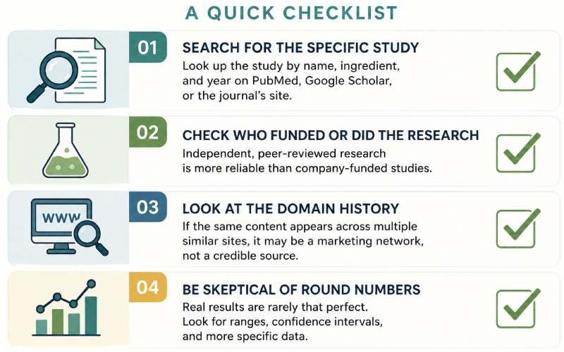Four-step checklist for verifying skincare clinical claims and research.