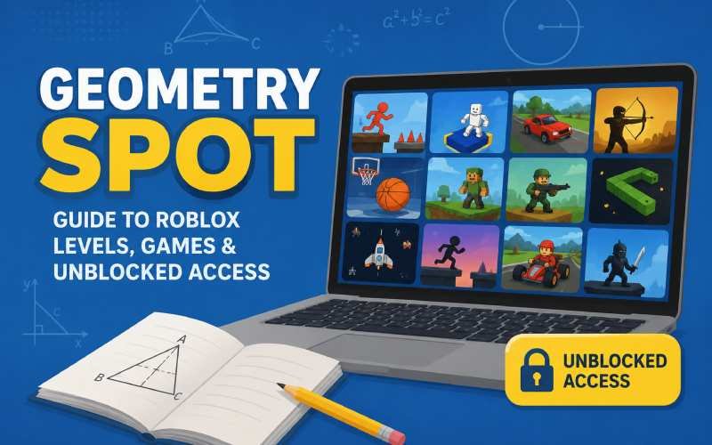 Laptop displaying colorful browser games with geometry learning tools.