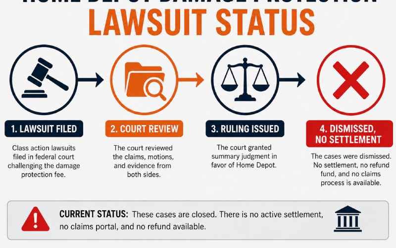 Home Depot damage protection lawsuit timeline showing court review, ruling, dismissal, and no settlement.