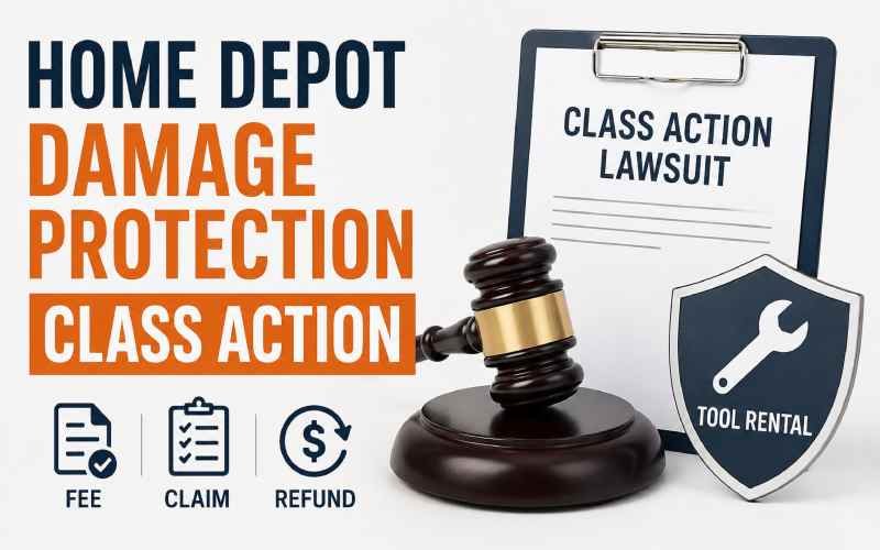 Home Depot damage protection class action graphic with gavel, legal document, and tool rental shield.
