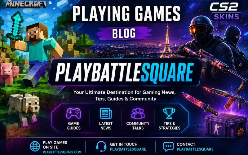 PlayBattleSquare gaming blog banner featuring Minecraft, CS2 skins, gaming guides, news, and community content.