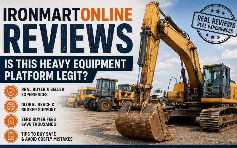 Featured image for an article about IronmartOnline reviews, showing a yellow excavator and construction equipment to represent used heavy machinery, buyer experiences, broker support, and equipment marketplace services.