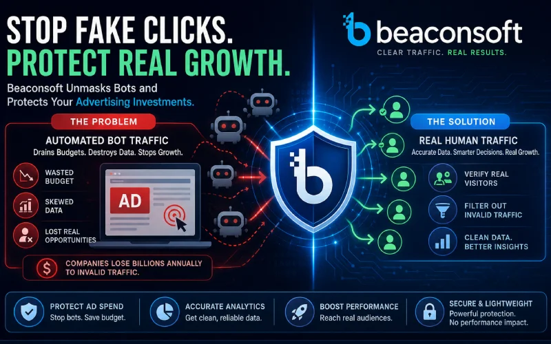 Beaconsoft dashboard blocking fake bot traffic to protect advertising budgets and improve analytics.