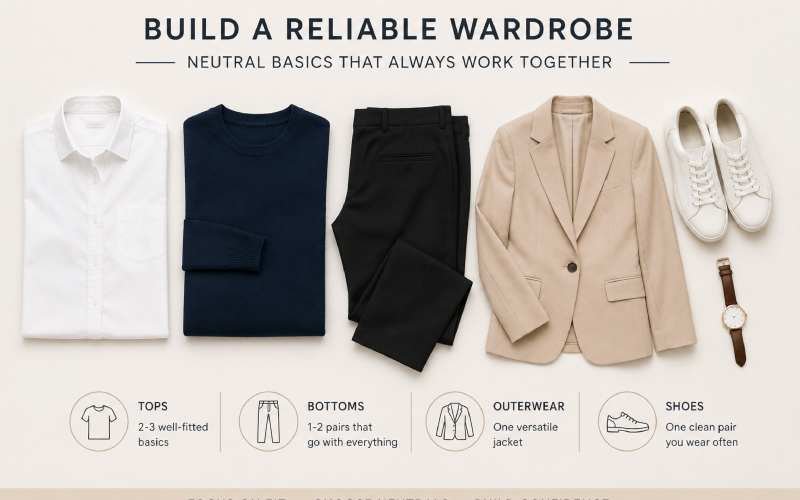 Neutral wardrobe basics including a white shirt, navy sweater, black pants, beige blazer, and white sneakers.