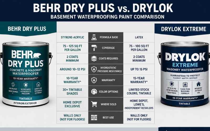 Behr Dry Plus vs DryLok waterproofing paint comparison chart