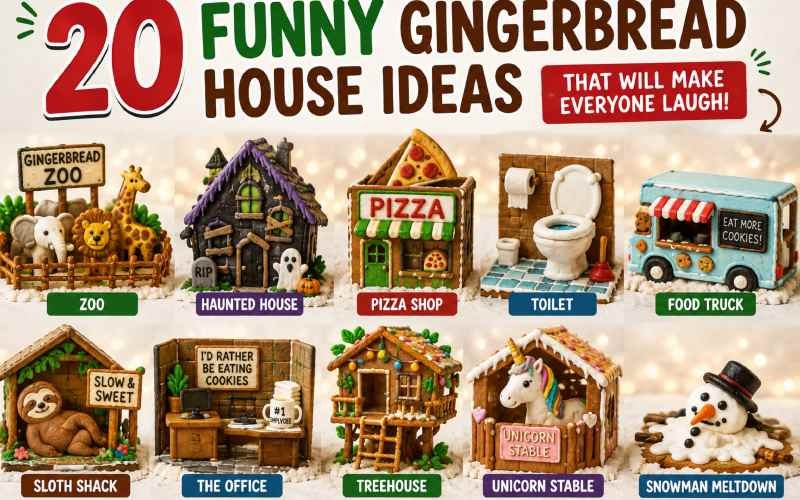 20 funny gingerbread house ideas, including a zoo, haunted house, pizza shop, and unicorn stable.