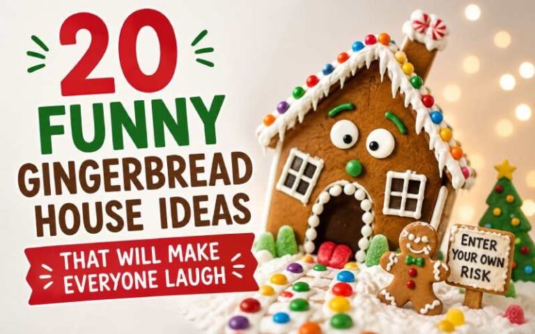 Funny gingerbread house with candy decorations and googly eyes