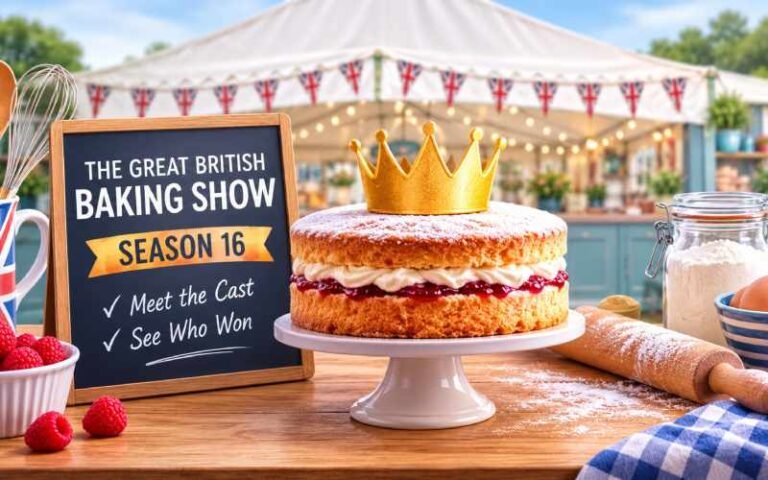 Great British Baking Show Season 16 featured baking setup with cake and tent