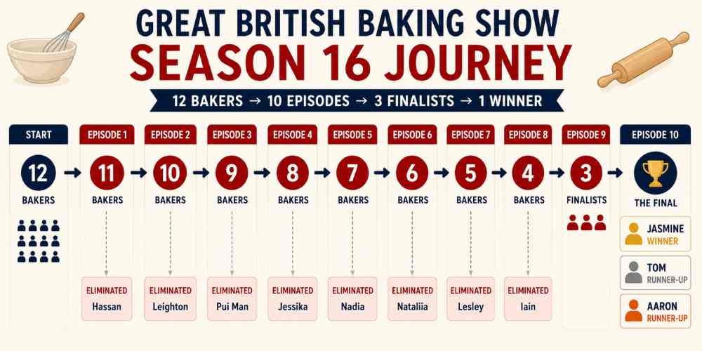Great British Baking Show Season 16 baker elimination timeline