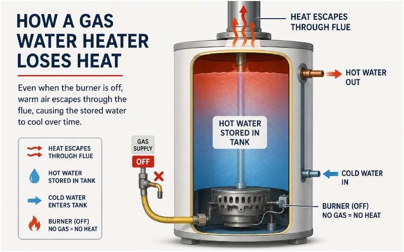 Cutaway gas water heater showing heat escaping through flue